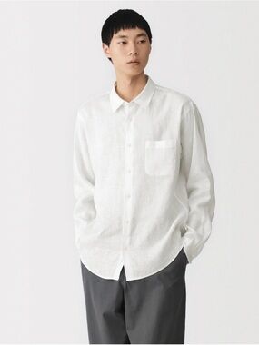 Muji Men's White Linen Button-Up Shirt - Size L
